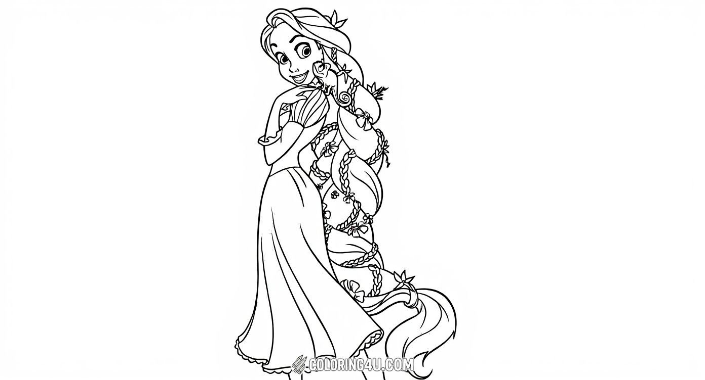 Bring Rapunzel from Disney's Tangled to life in this enchanting coloring page where she is accompanied by her playful chameleon friend, Pascal. Perfect for kids to use their creativity in coloring her long, flower-adorned hair and the whimsical details of this magical story.