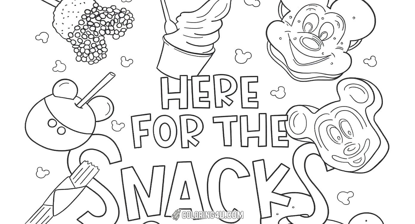 Get ready to color a fun and tasty assortment of Disneyland snacks scattered around the words 'Here for the Snacks!' This cheerful page features treats like ice cream, popcorn, and Mickey-shaped goodies, perfect for kids to brighten up and dream about delicious adventures at Disneyland.
