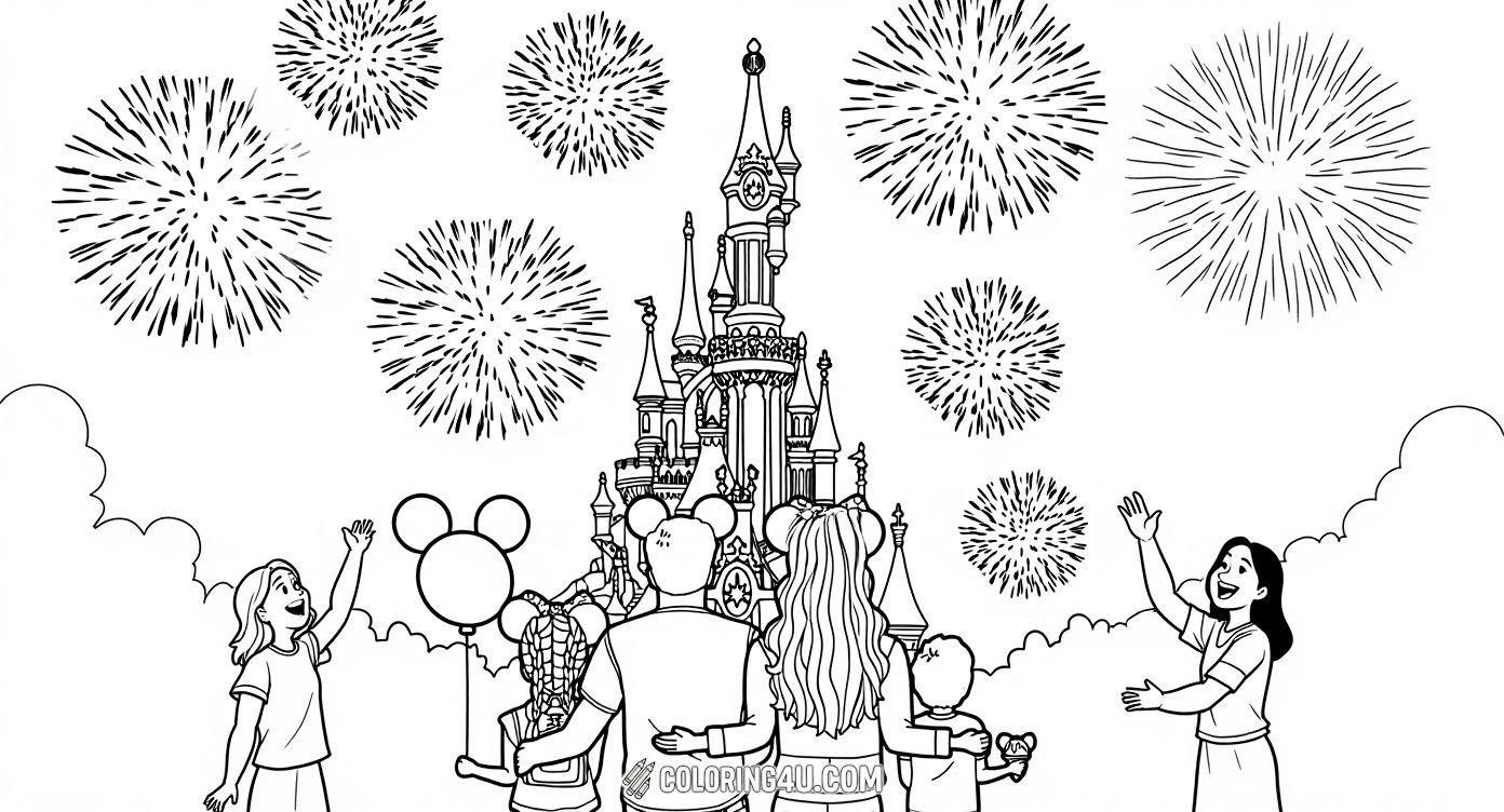 This delightful coloring page shows a happy family wearing Mickey Mouse ears while watching a spectacular fireworks display above the iconic Disneyland castle. Kids can bring this magical scene to life with colors and imagine themselves having a wonderful day at the park with their loved ones.