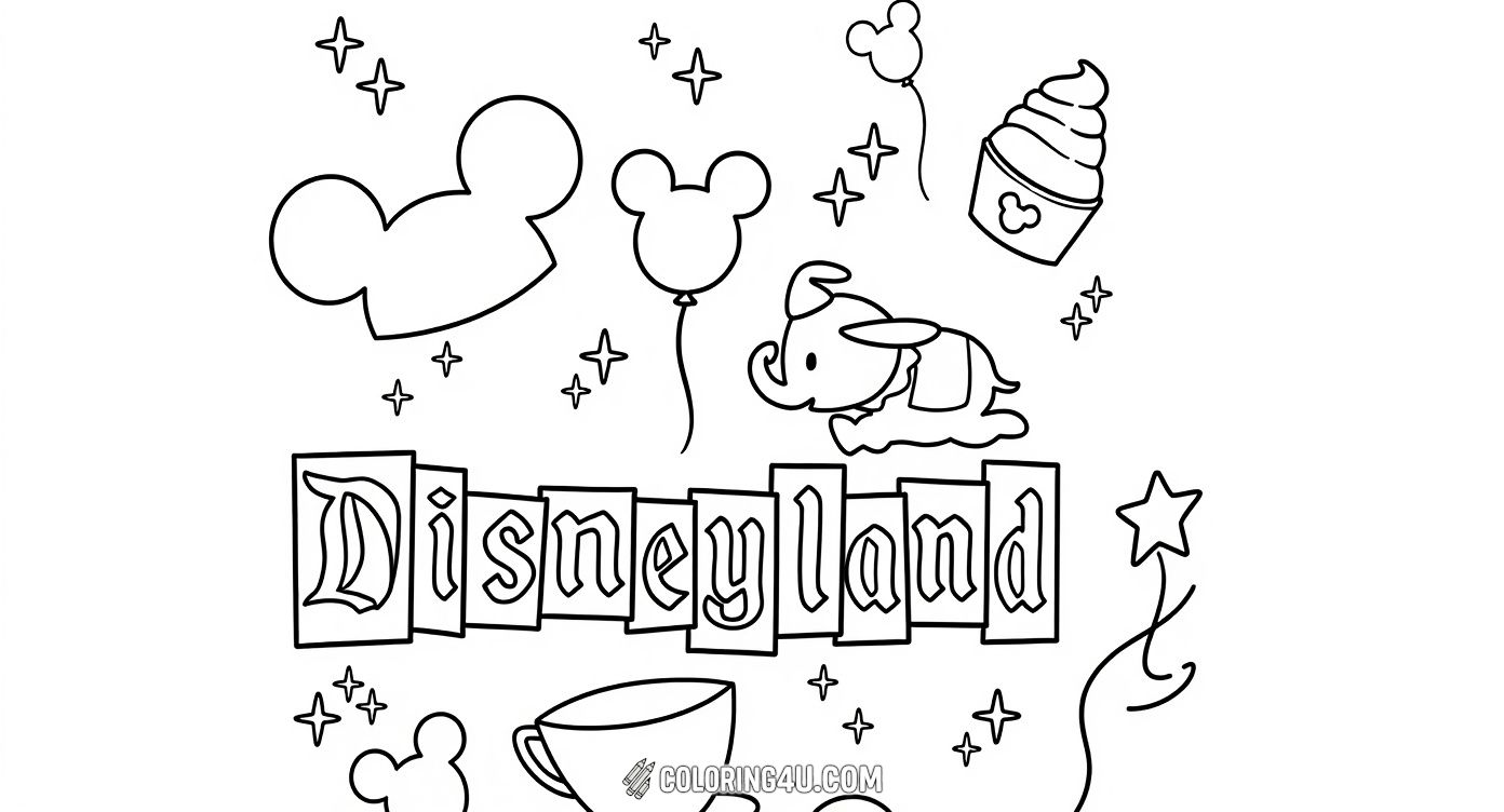 Dive into this enchanting Disneyland-themed coloring page filled with magical elements like Mickey ears, balloons, Dumbo, and the famous Disneyland logo. Kids will love adding vibrant colors to all the whimsical symbols that bring the magic of Disneyland to life on the page.