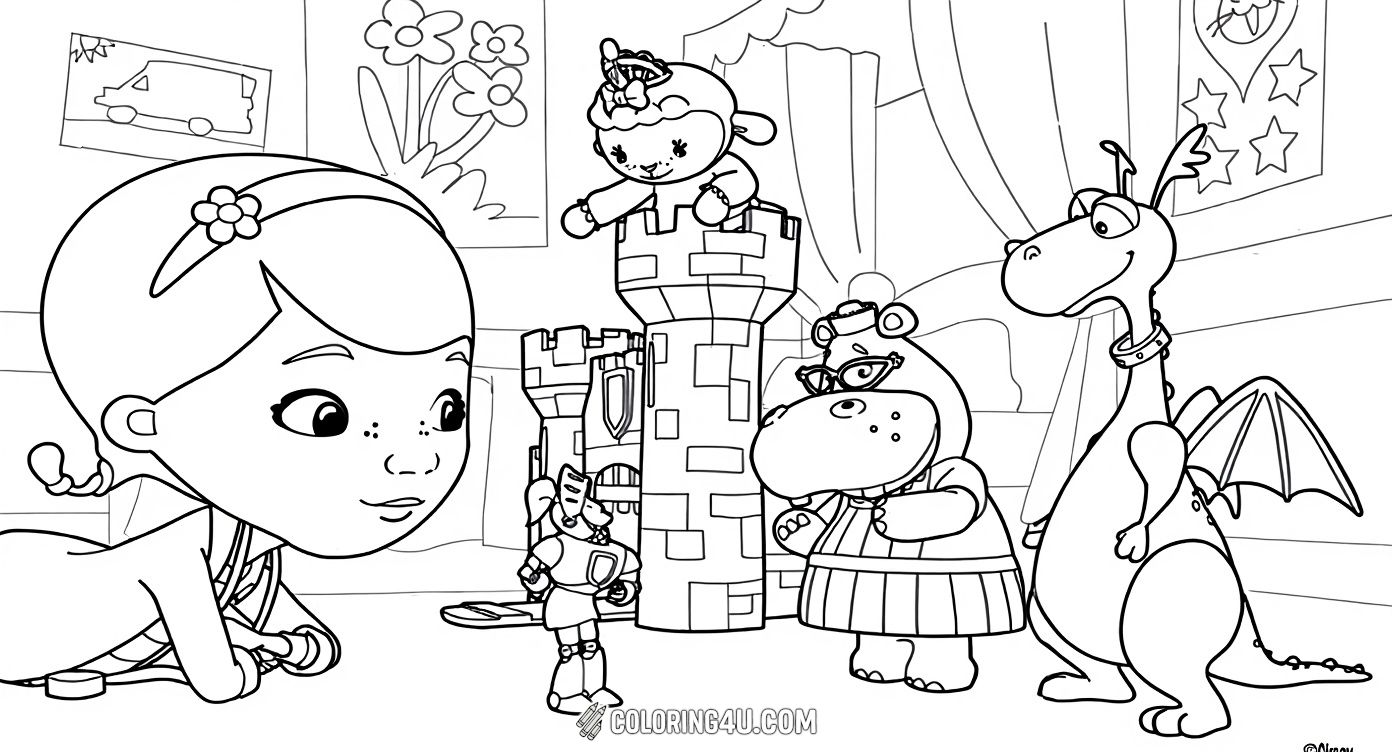 Have fun with Doc McStuffins and her charming toy friends: Câline the lamb, Hallie the hippo, and Toufy the dragon, as they play around a magical castle! This delightful coloring page invites kids to explore friendship and imagination with their favorite characters.