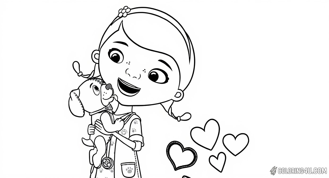 Doc Mcstuffins Holding Puppy Cat Hearts Coloring Sheet
