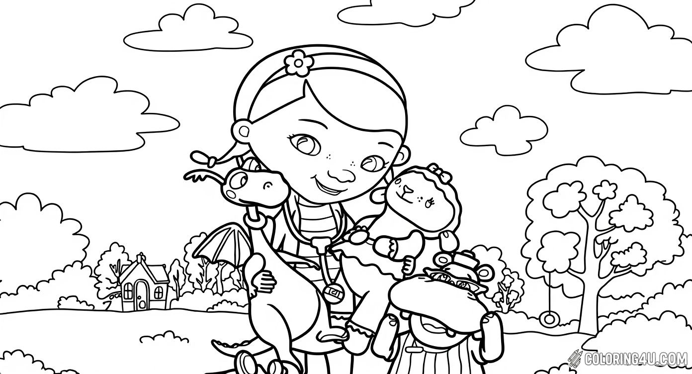 Join Doc McStuffins and her adorable friends as they spend a sunny day outdoors! This delightful coloring page features Doc with her trusty dragon, lamb, and hippo pals, perfect for kids to bring to life with bright colors and enjoy the magic of friendship.