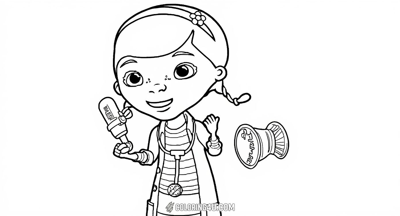 Explore the world of Doc McStuffins, the friendly toy doctor, surrounded by her important medical tools! This engaging coloring page encourages kids to learn about care and healing while coloring Doc in her signature lab coat and stethoscope.