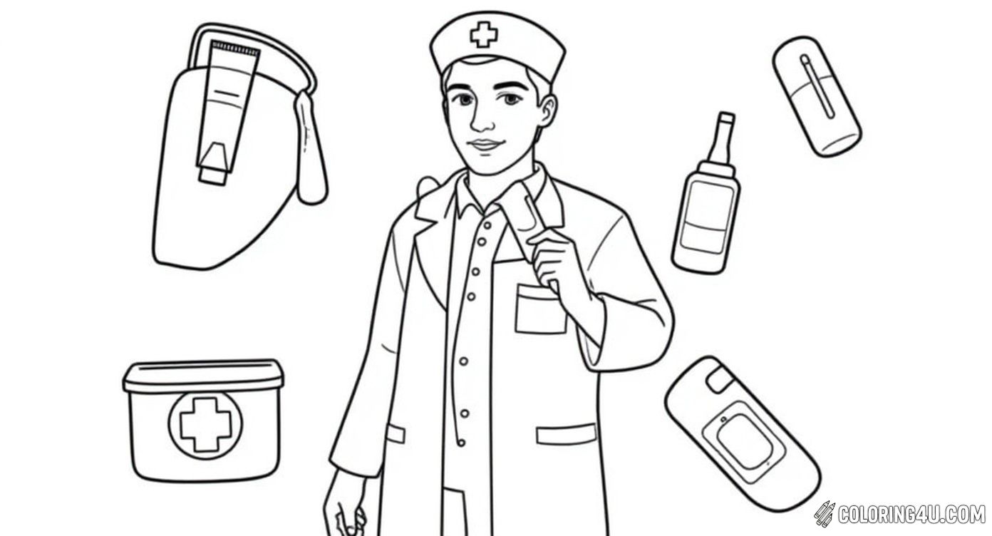 Get ready to color a first aid kit overflowing with important medical supplies like syringes, pills, vials, and hearts symbolizing care. This page is perfect for kids interested in all the tools doctors and nurses use to help people feel better.
