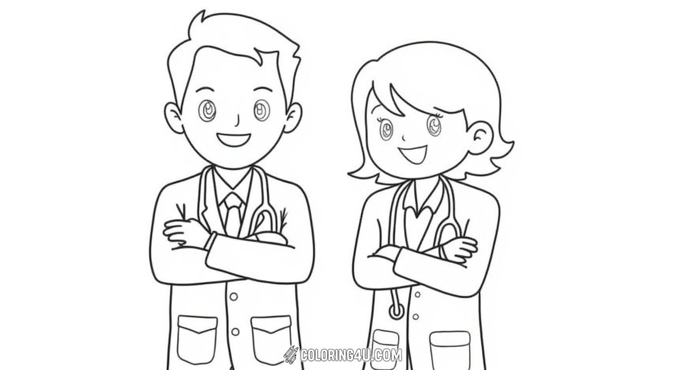 This delightful coloring page features a cheerful male and female doctor standing side by side with arms crossed, both wearing their white coats and stethoscopes. Kids will have fun bringing this happy doctor duo to life with colors, perfect for encouraging interest in caring professions!