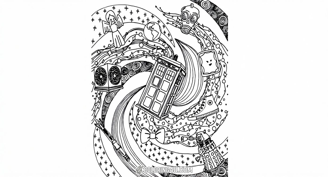 Dive into a magical journey with this detailed coloring page featuring the Doctor Who TARDIS swirling through space surrounded by notable elements from the series, including an angel-like Weeping Angel, a Dalek, a Cyberman-like eye, and the Doctor's signature bow tie and shoe. This page invites kids to color a whirlwind of adventure and imagination!