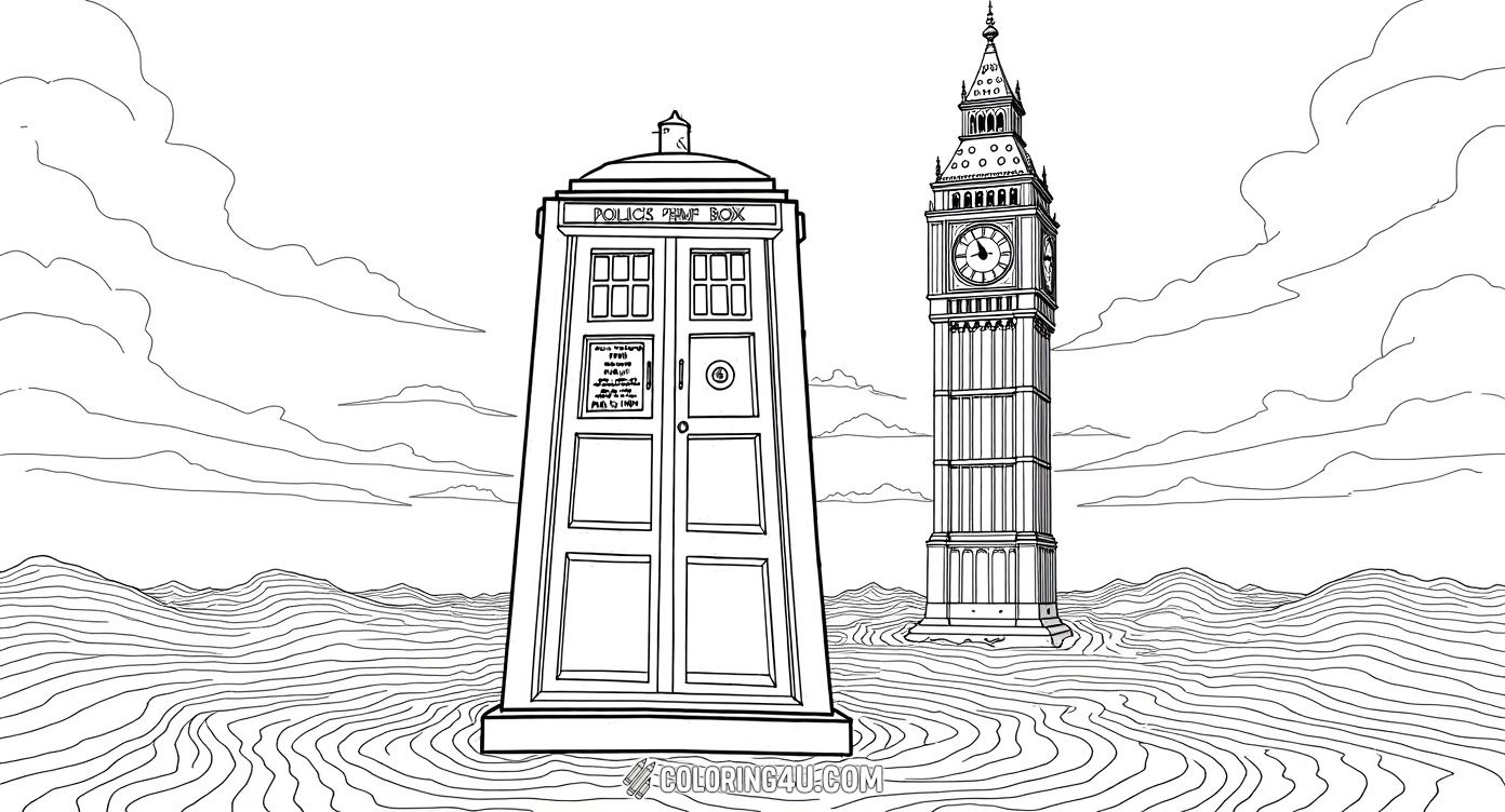 Get ready for a creative adventure with this intricate coloring page showing the Doctor Who TARDIS in a surreal landscape filled with stairs, buildings, and a large Big Ben clock tower. There’s also a mysterious dinosaur skull near the bottom, making this page perfect for kids who love puzzles, fantasy, and colorful explorations.