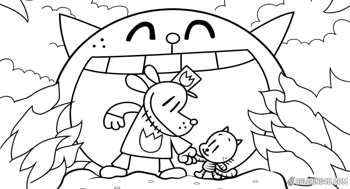 Color the heartwarming scene of Dog Man holding hands with his small cat friend, surrounded by nature and a big smiling face in the background. A perfect page to inspire kindness and creativity.