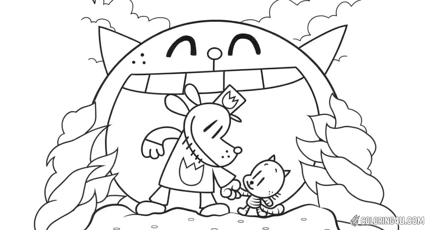 In this delightful coloring scene from the Dog Man series by Dav Pilkey, Dog Man is holding hands with a cute little cat, standing against a background that looks like a giant smiling cat face surrounded by trees. Kids will love bringing this heartwarming friendship and nature-filled moment to life with their colors.