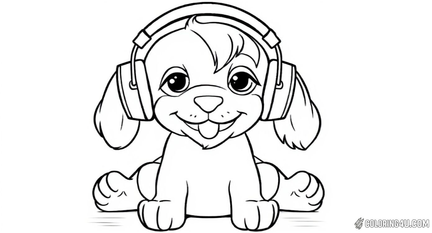 Meet this playful puppy enjoying some music with big comfy headphones! Its sweet smile and wagging tongue make it a delightful coloring page that kids will love to brighten up with vibrant colors.