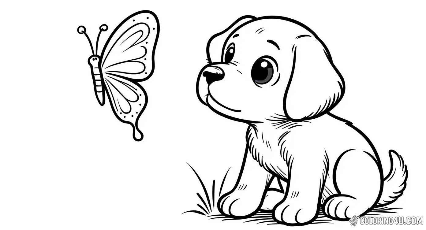 This delightful coloring page features an adorable puppy sitting down and gazing curiously at a butterfly fluttering nearby. Kids can enjoy bringing this charming scene to life with vibrant colors while imagining the gentle interaction between the playful puppy and the delicate butterfly.