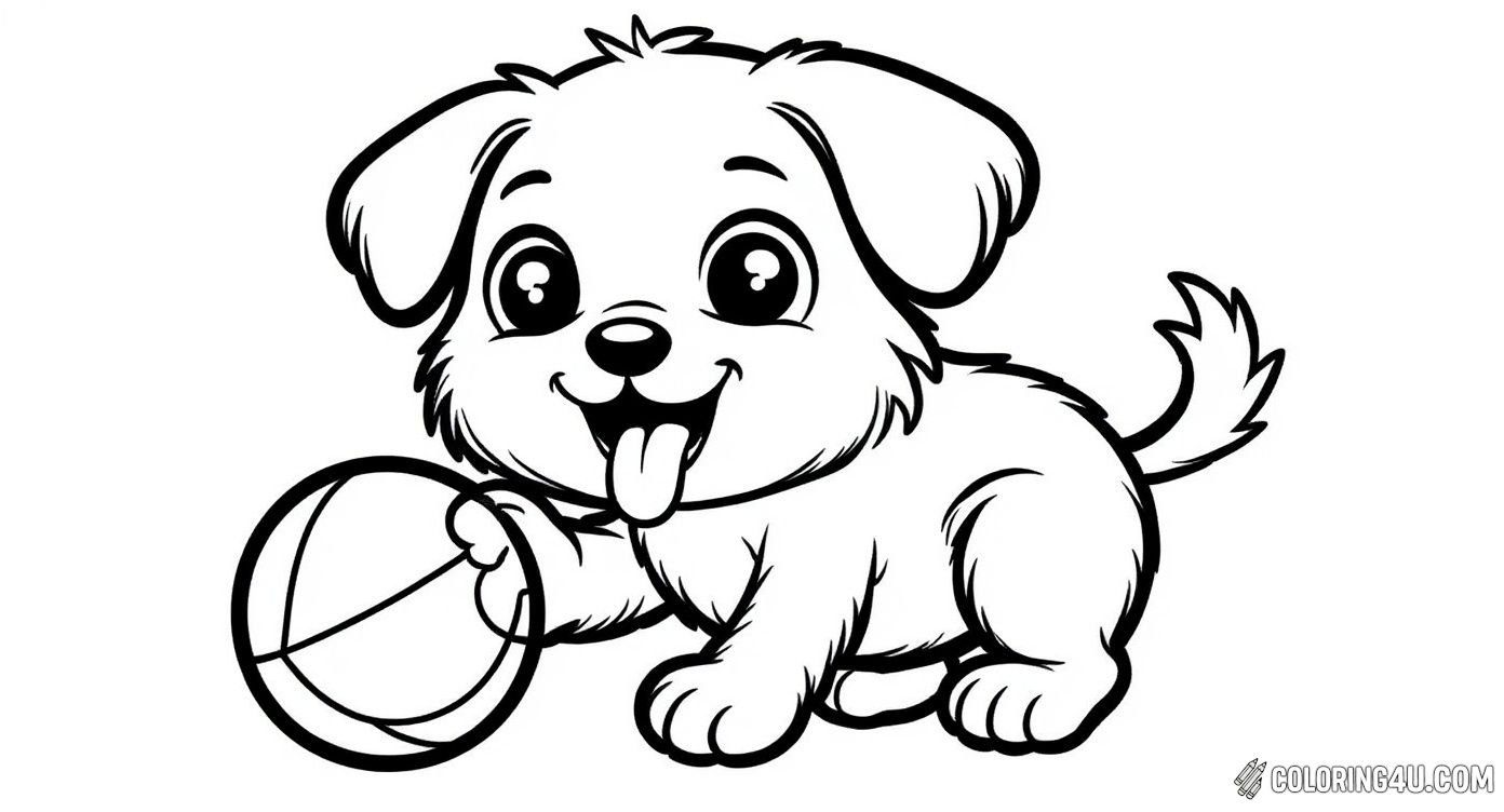 This adorable puppy is having so much fun playing with its favorite ball! Surrounded by cheerful flowers and little hearts, this happy dog is ready for you to add your favorite colors and bring the scene to life.