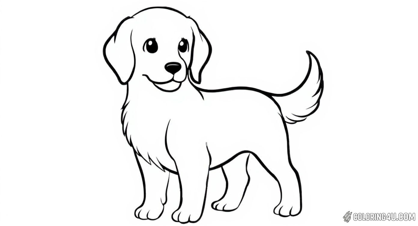 A joyful Golden Retriever puppy stands happily with its tail wagging and a friendly smile. This page invites kids to color in the lovable puppy and practice their creativity while learning about this popular and friendly breed. It's perfect for kids who love dogs and want to add their own colorful touch!