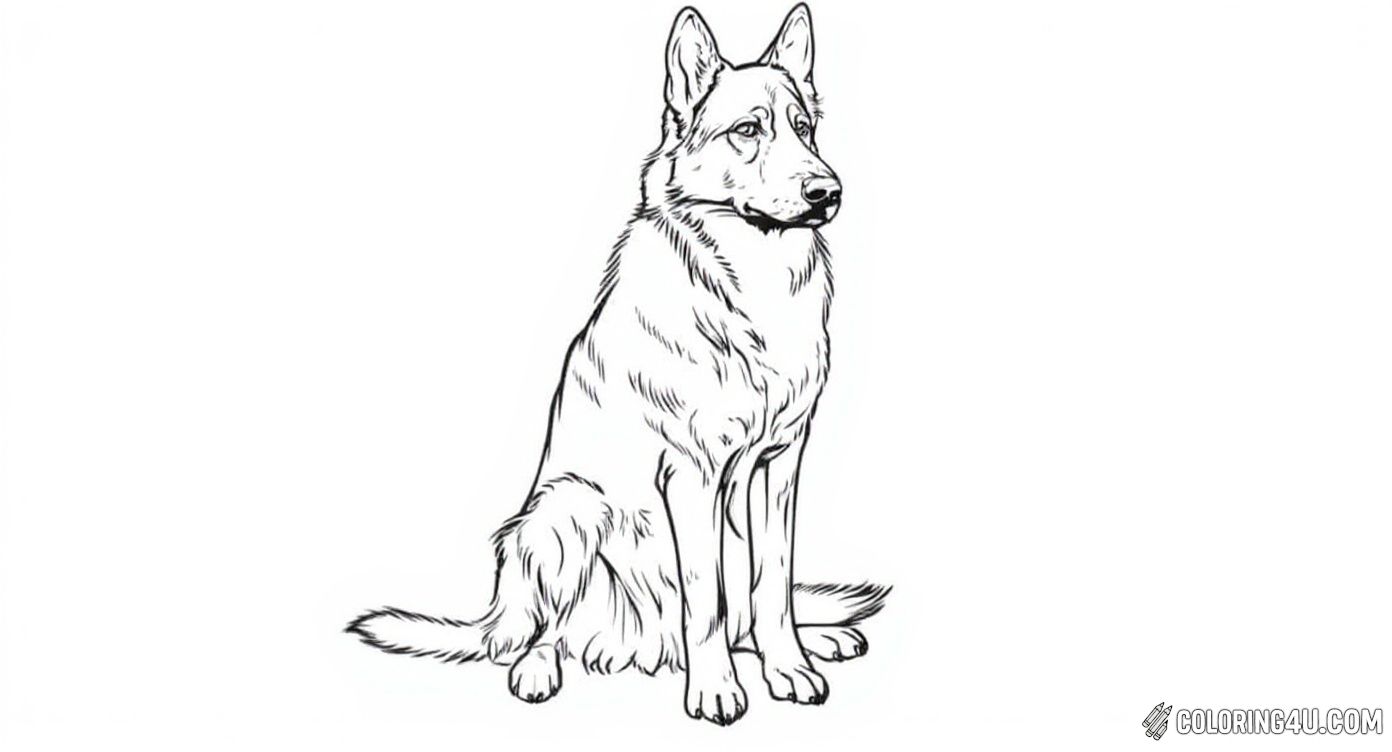 Color this majestic German Shepherd sitting calmly and proudly. With detailed fur and attentive eyes, this page is perfect for kids who love realistic dog drawings and want to practice their coloring skills.