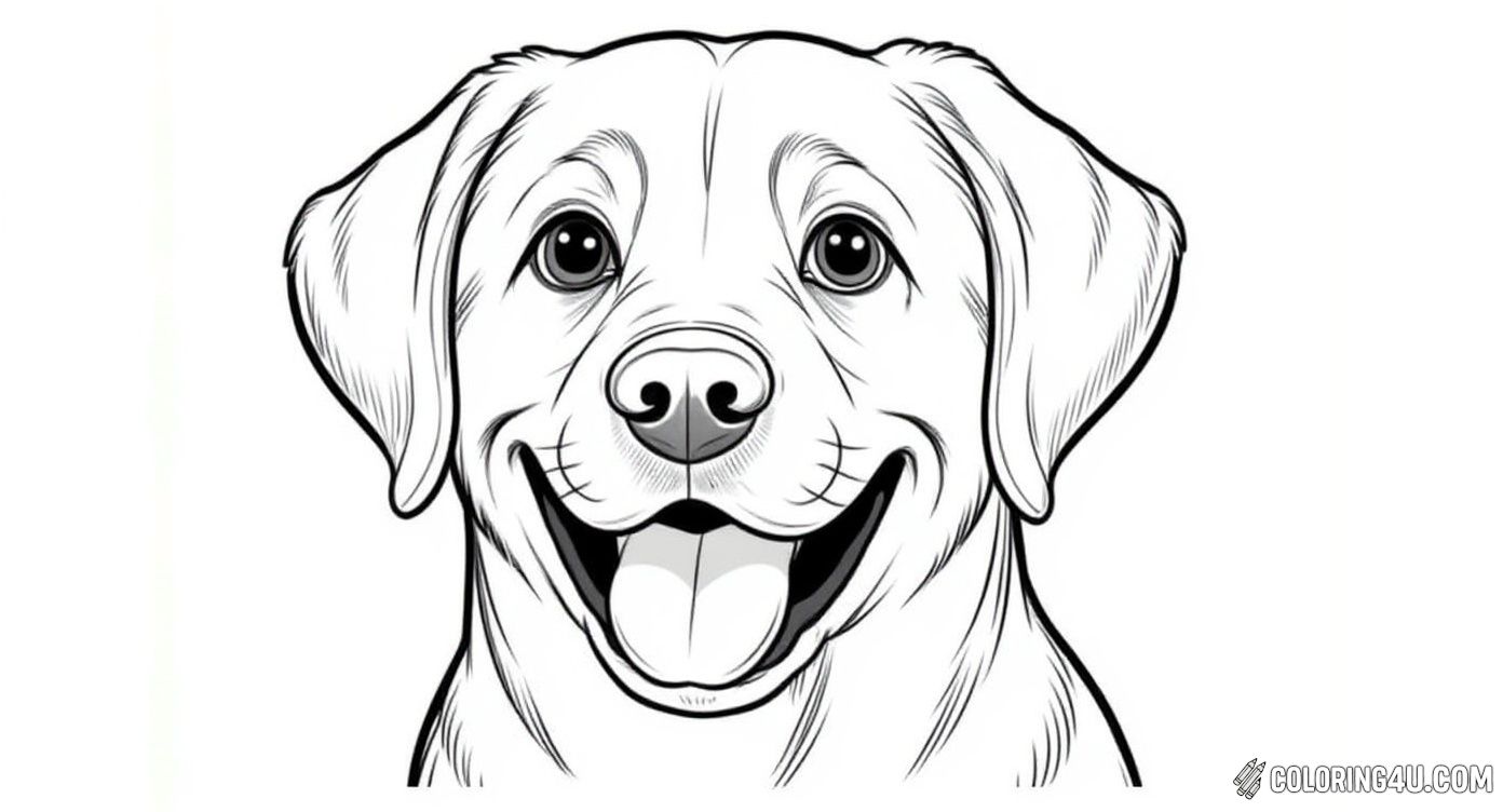 This coloring page showcases a detailed close-up of a smiling Labrador retriever's face, capturing its expressive eyes and happy tongue-out expression. Children can enjoy coloring this friendly dog while appreciating the unique features that make Labradors so lovable and popular as family pets.