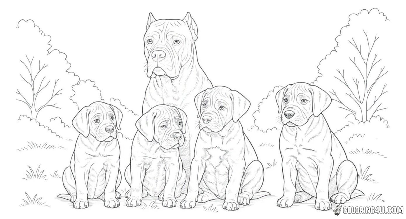 This coloring page shows a proud Cane Corso mom sitting outdoors with her two cute puppies. Kids can enjoy adding colors to this loving dog family scene surrounded by nature.