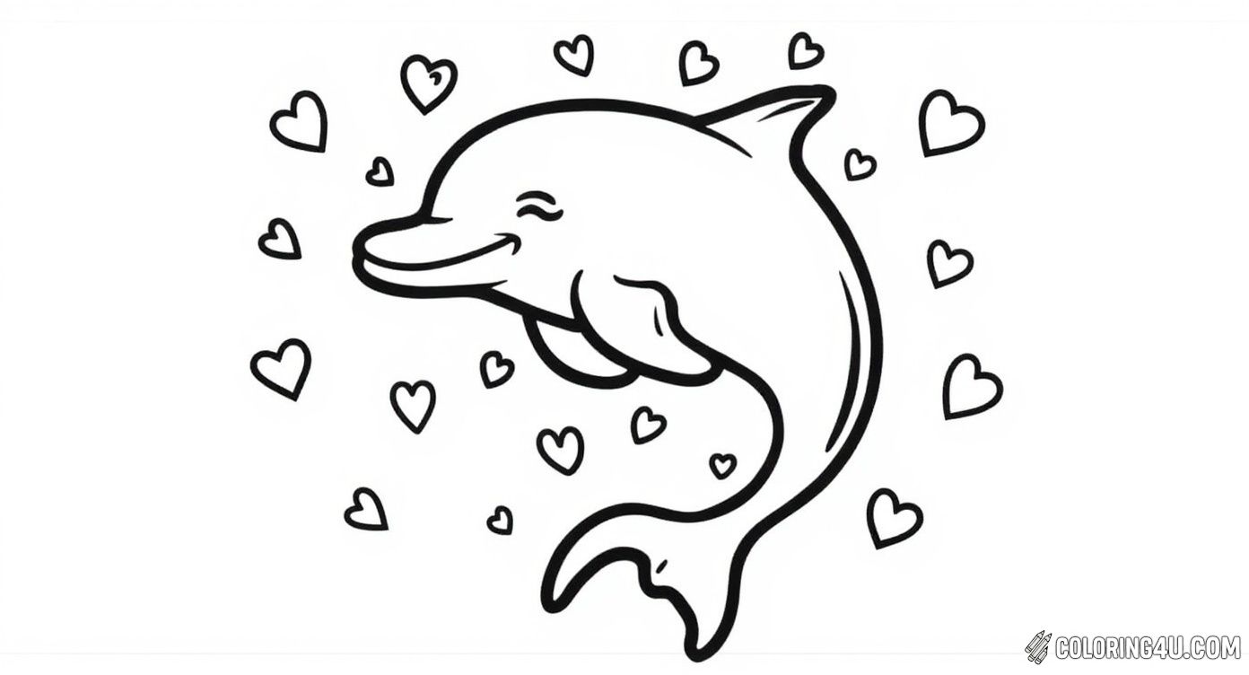 This adorable dolphin coloring page shows a smiling dolphin swimming surrounded by hearts. Kids will love adding their favorite bright colors to this sweet underwater friend, perfect for expressing love and joy through art.