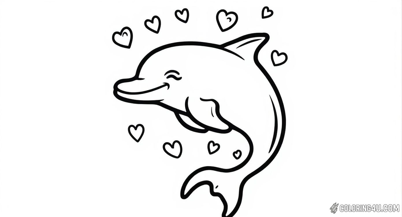 Color this charming dolphin surrounded by playful hearts. It's a simple and delightful image perfect for young kids who love friendly animals and want to create a warm, happy underwater scene.