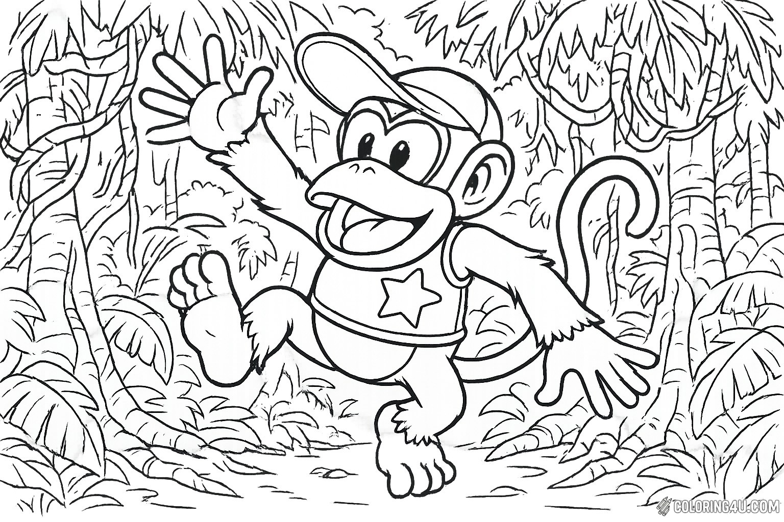 Diddy Kong leaps joyfully through a vibrant jungle, surrounded by lush greenery and towering trees. With his signature cap and playful expression, he waves enthusiastically, inviting kids to join in the fun. This coloring page captures the spirit of adventure, perfect for little artists to bring to life with their favorite colors.