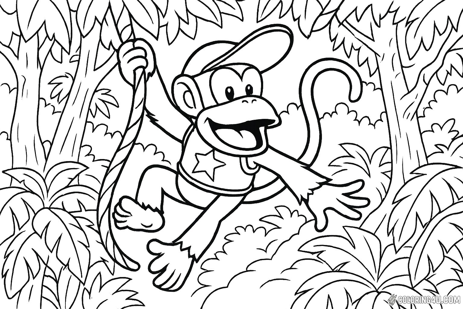 Diddy Kong swings joyfully on a vine, surrounded by lush tropical foliage. His playful expression and vibrant cap invite kids to bring him to life with color. The dense jungle backdrop, filled with leafy plants and tall trees, adds to the adventurous spirit of this scene. Perfect for young artists eager to explore their creativity while enjoying the fun of coloring!