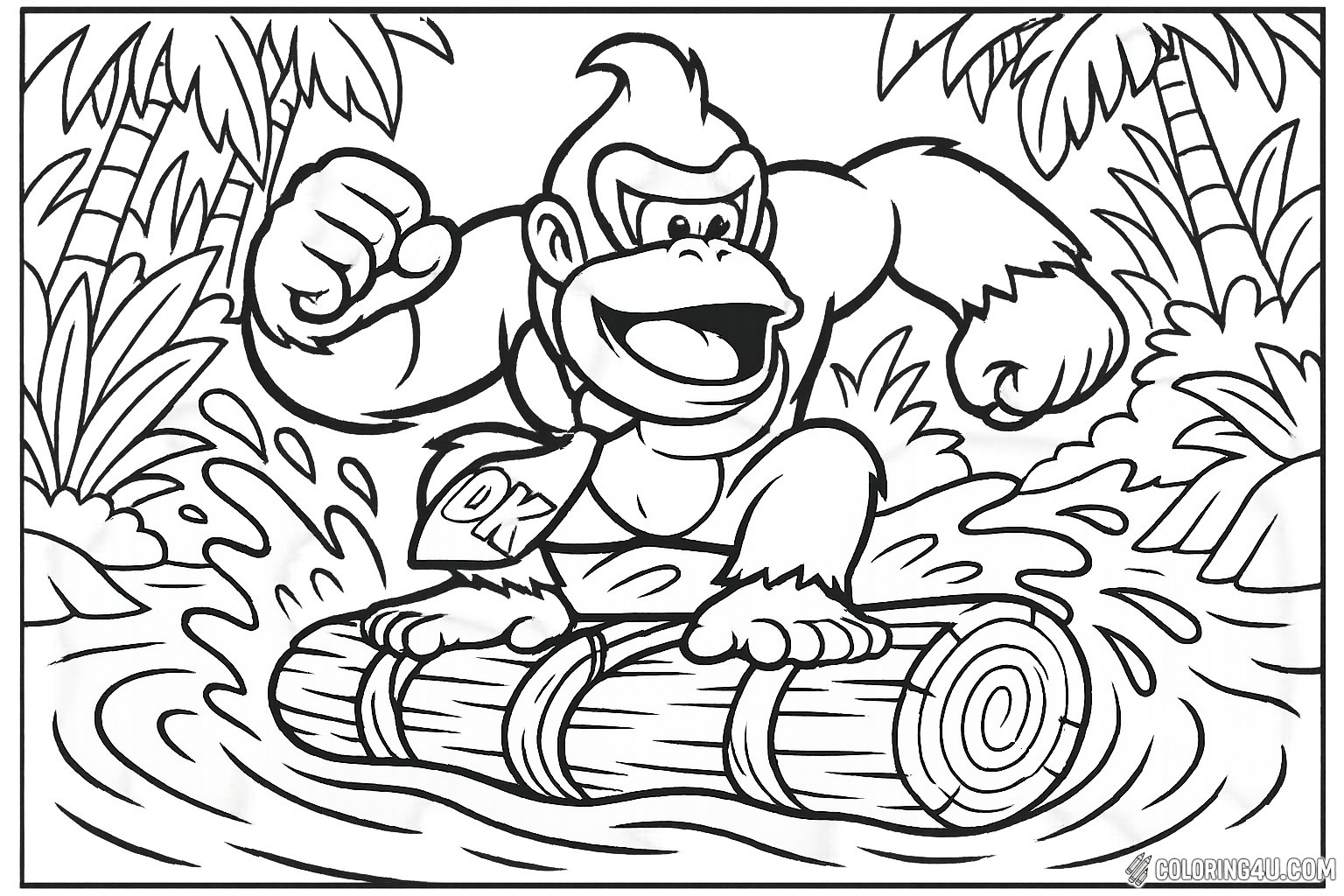 Join Donkey Kong as he joyfully surfs on a river raft, surrounded by lush tropical foliage. With a big grin and a fist raised in excitement, he embodies the spirit of adventure. Kids can bring this lively scene to life with vibrant colors, imagining the splashes of water and the vibrant greens of the jungle. Perfect for fans of the classic game!