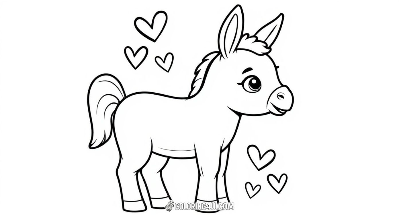 This adorable coloring page features a charming young donkey standing happily surrounded by playful heart shapes. Kids will love bringing this sweet donkey to life with their favorite colors while enjoying a simple and joyful scene.