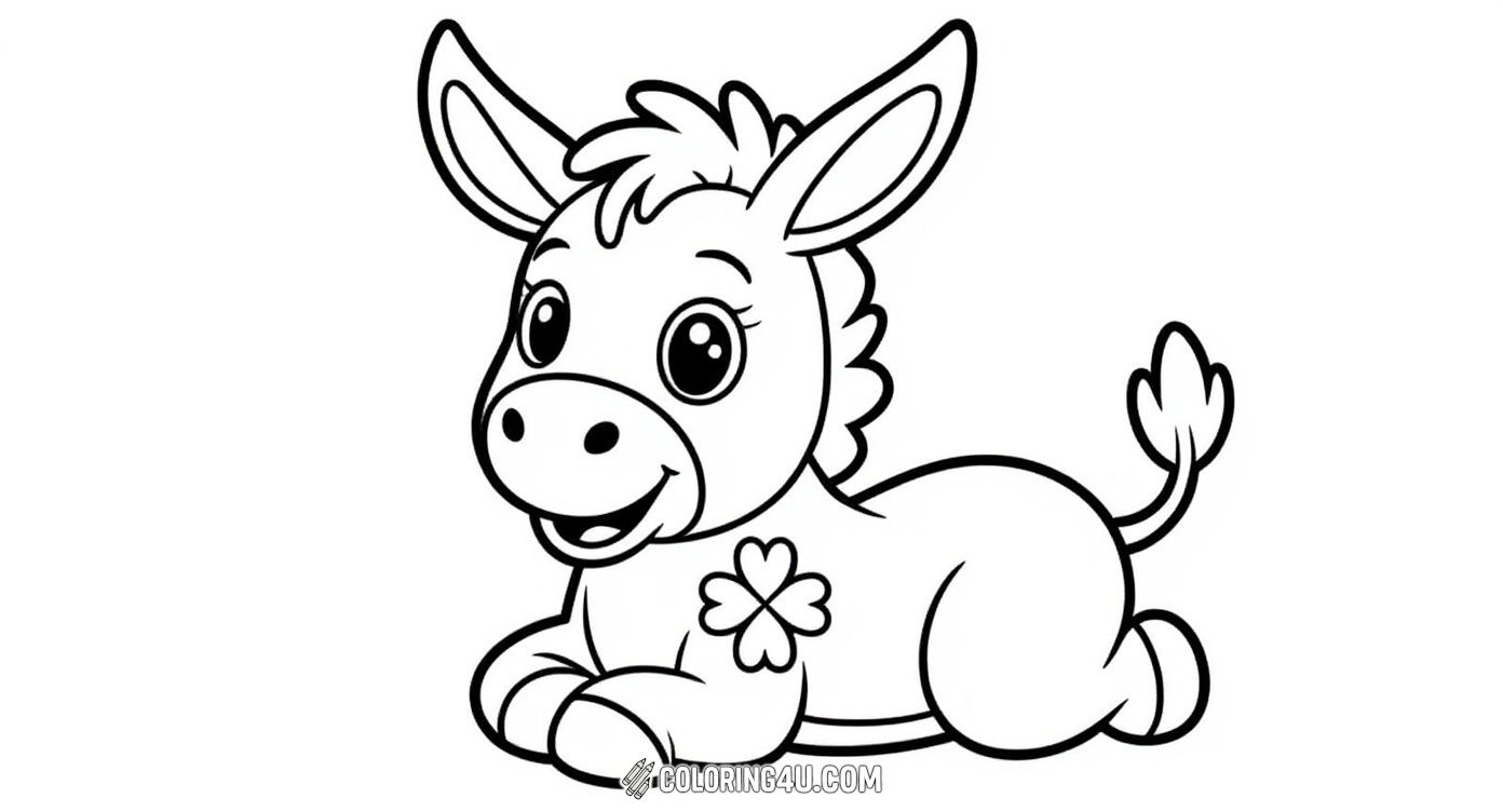 This delightful coloring page shows a playful donkey laying down with a lucky four-leaf clover on its chest, surrounded by four buttons. Perfect for kids who love cute animals and symbols of luck, this image offers a fun and charming scene to color.