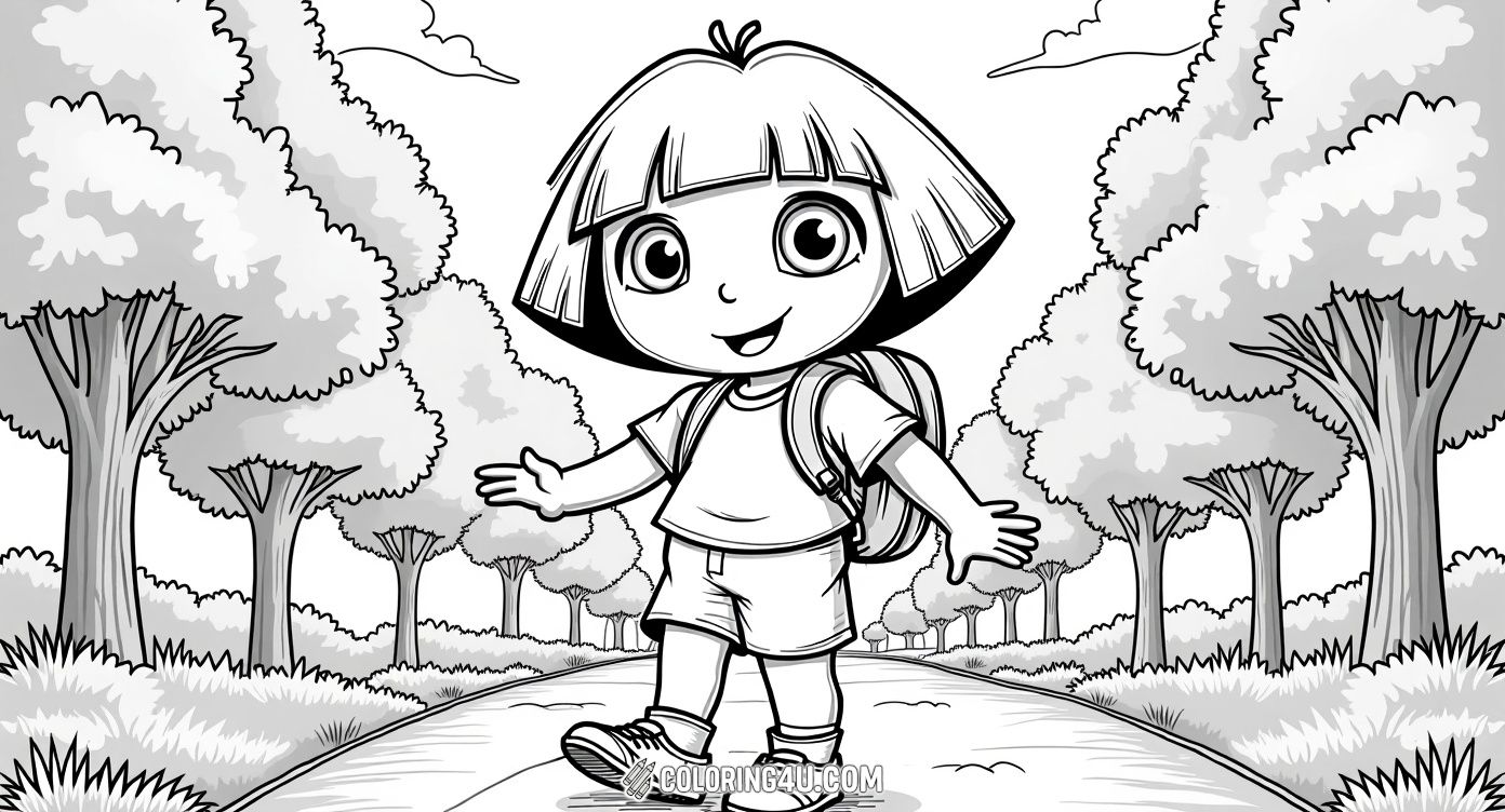 Enjoy coloring this cheerful image of Dora the Explorer standing on a pathway surrounded by trees and bushes. Dora is smiling and ready for an adventure, making this a perfect coloring page for kids who love exploring and colorful nature scenes.