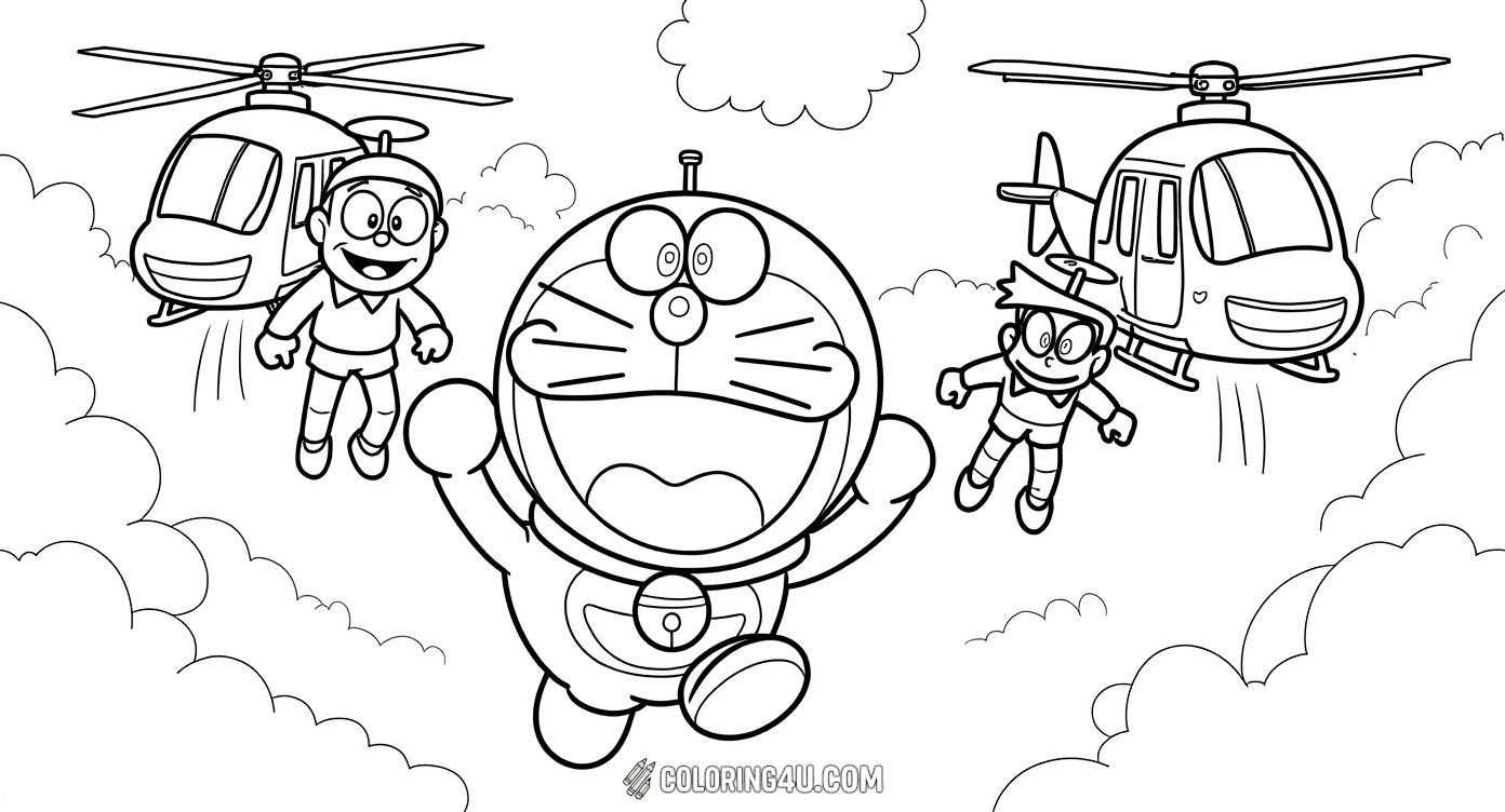 Join Doraemon and his friends as they soar above the city wearing their special helicopter hats! This fun coloring page captures the excitement and joy of flying high in the sky, perfect for kids who love adventure and the beloved characters from the Doraemon series.