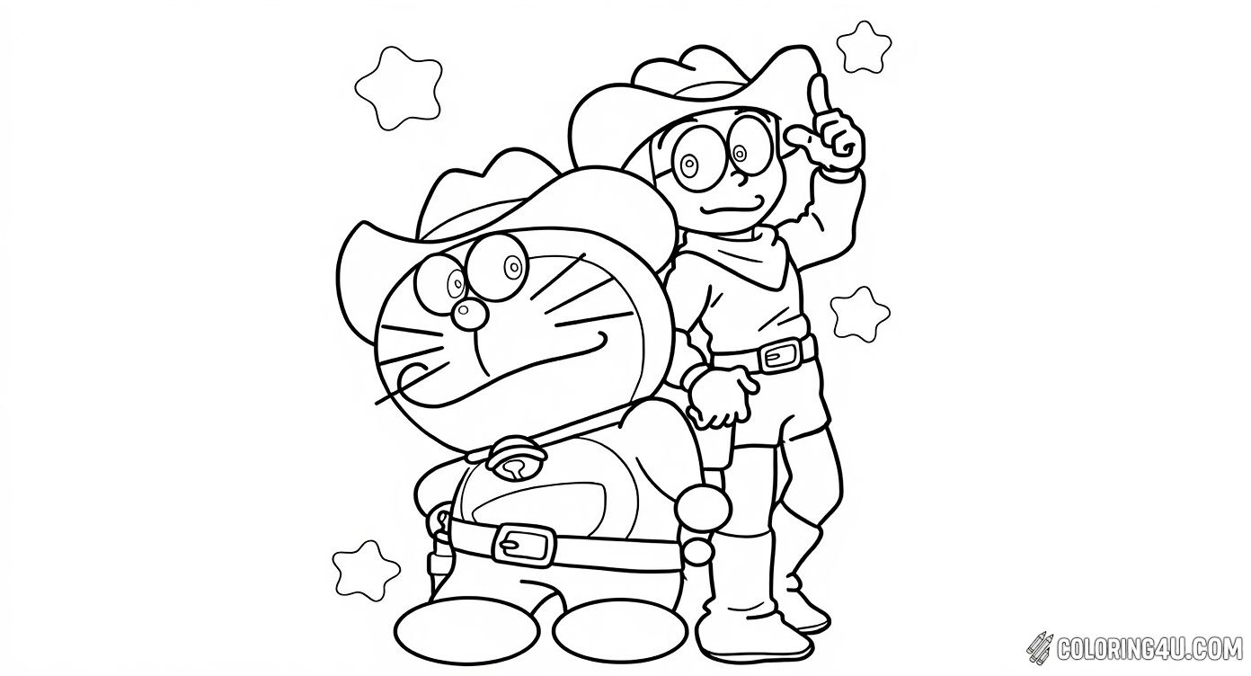 Get ready for a wild west adventure with Doraemon and Nobita dressed as cowboys! Kids can enjoy coloring this fun and imaginative scene filled with stars and exciting cowboy costumes.