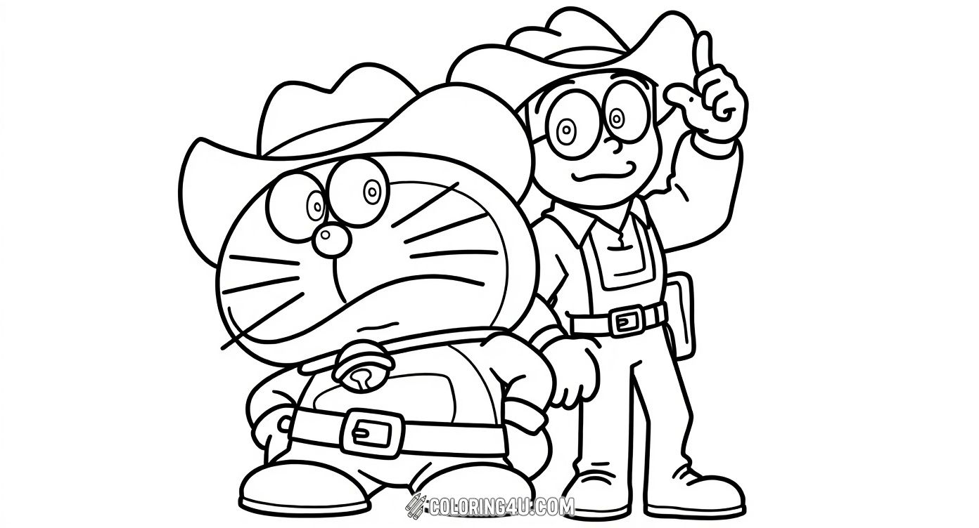 Step into the wild west with Doraemon and Nobita as they sport cowboy hats and boots, ready for a fun adventure! Kids will enjoy coloring this playful scene filled with stars as these iconic characters from Doraemon get ready to explore the frontier.
