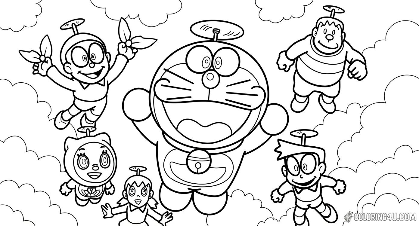 Join Doraemon and his friends as they fly over a bustling town using their fun propeller hats! This exciting coloring page is perfect for kids to add vibrant colors and bring the joyful scene to life.