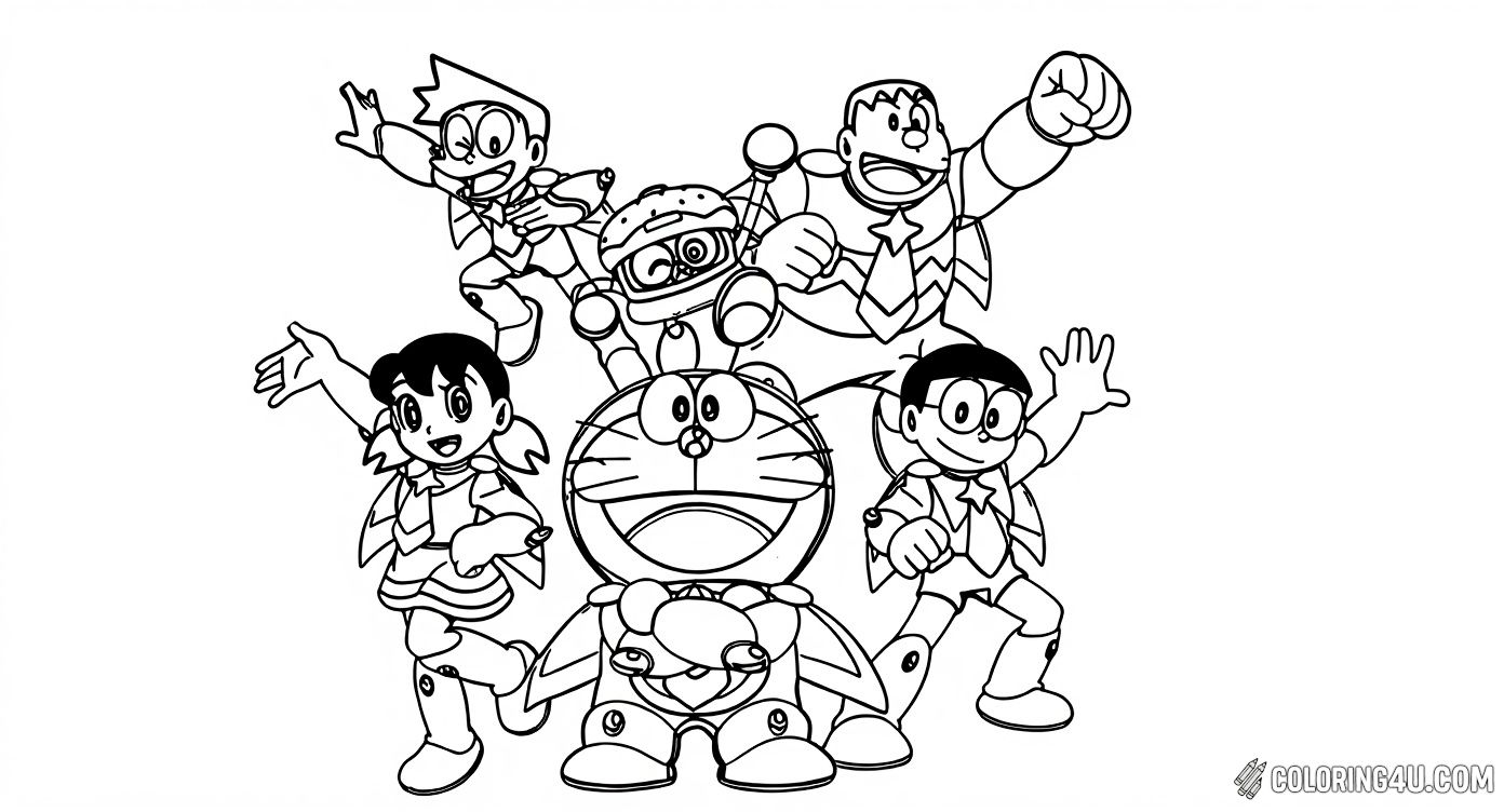 Color your favorite Doraemon characters as a superhero team ready to save the day! This dynamic and energetic page invites kids to explore their creativity with colorful costumes and happy smiles.