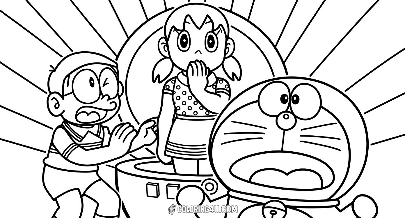 Explore a thrilling moment with Doraemon, Nobita, and Shizuka in this exciting coloring page! The characters show surprise and curiosity, sparking imagination as kids add color to the scene where their adventures begin, straight out of the popular Doraemon series.