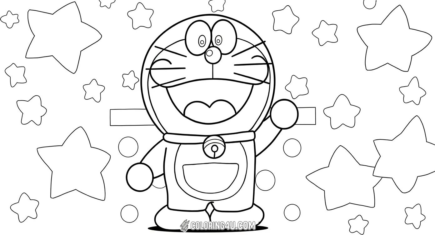 Color this cheerful Doraemon standing happily with a background full of stars! Kids can enjoy adding bright and joyful shades to this famous robot cat character, capturing his playful and friendly spirit on this simple yet engaging coloring page.