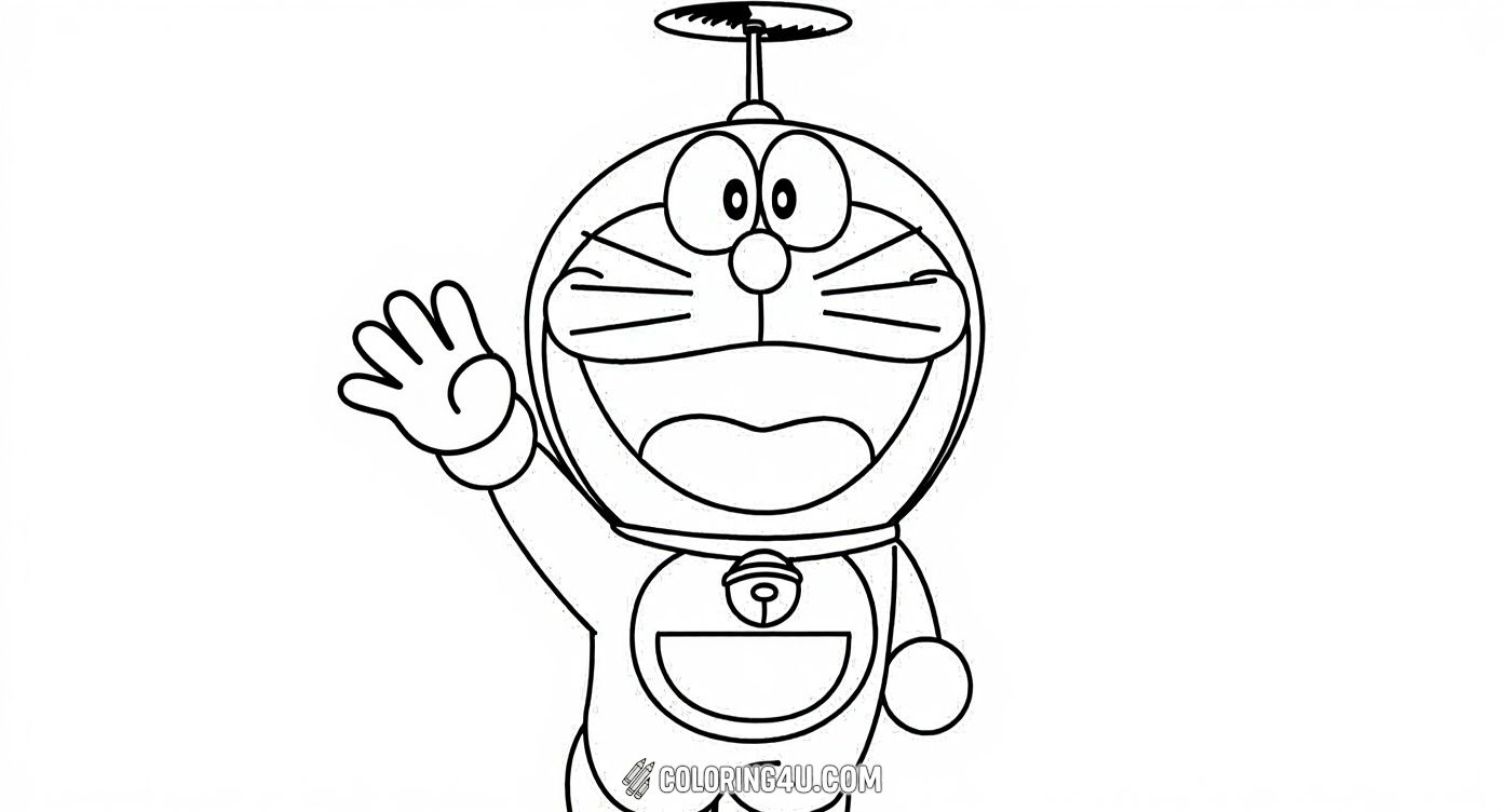 Say hello to Doraemon, the lovable robotic cat, waving with a big smile and his helicopter hat ready for flight! This simple and cheerful coloring page is perfect for kids who adore Doraemon and want to add their own colorful touch to this joyful character.