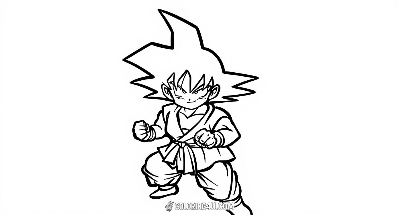 Color this charming image of childhood Goku from Dragon Ball Z, striking a playful yet brave pose! Perfect for younger fans, this simple yet engaging picture invites kids to use bright colors to capture the adventurous spirit of young Goku ready for his next journey.