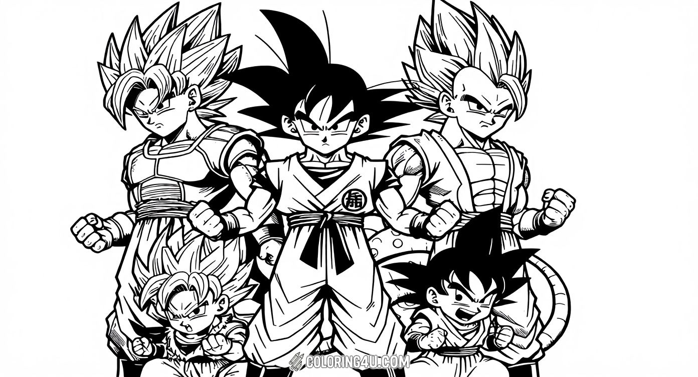 Join Goku and his friends from Dragon Ball Z in this exciting group coloring page! Featuring powerful warriors in different forms and poses, this image offers a fun challenge for kids to color each character’s unique outfit and hairstyle. Bring this heroic team to life with your favorite colors!