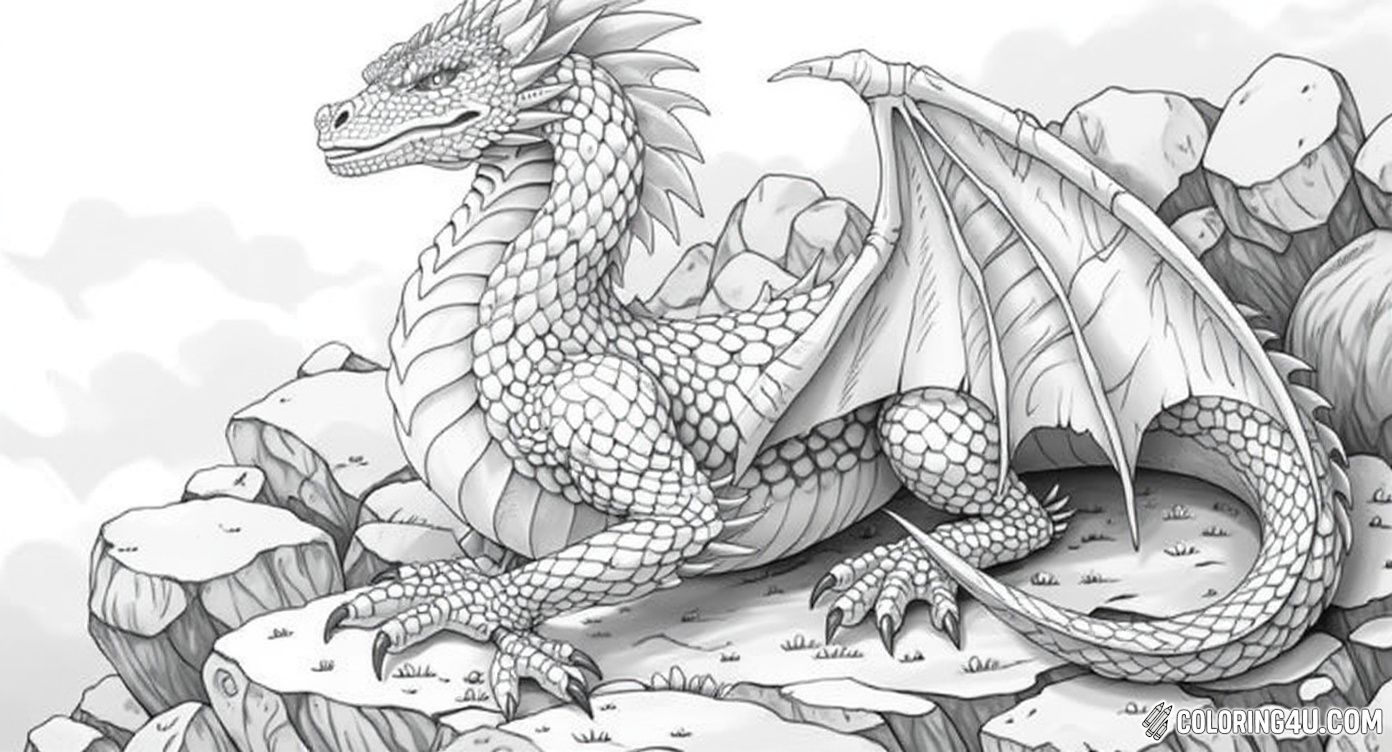 This gorgeous coloring page showcases a detailed fantasy dragon perched majestically on rocky terrain. Its intricate scales and powerful wings invite kids to bring it to life with their favorite colors, sparking imagination and creativity. [source: Pinterest]