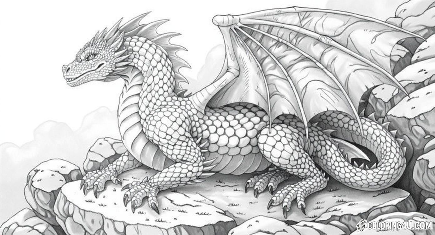 This coloring page features a highly detailed and realistic dragon perched on rocky terrain. Kids can enjoy bringing this powerful creature to life with their choice of colors, focusing on its intricate scales, fierce eyes, and massive wings.