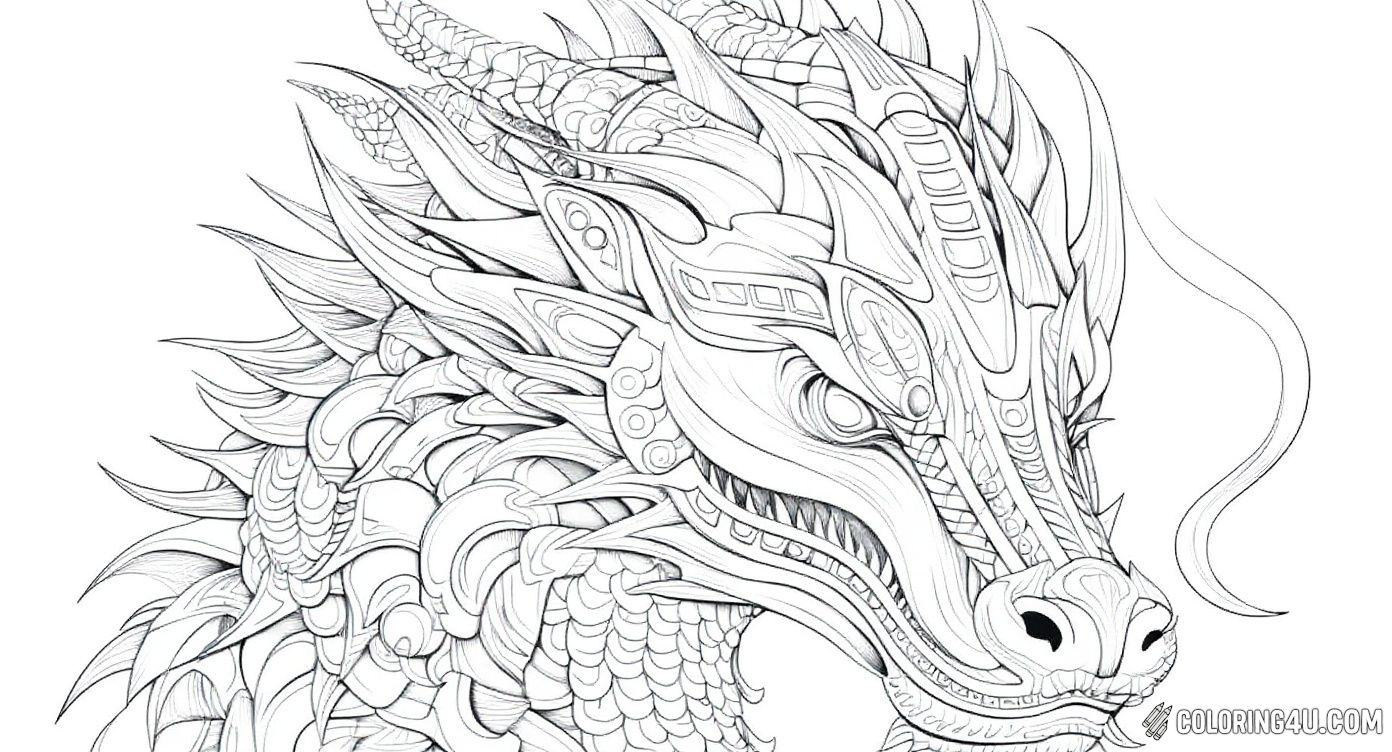 This imaginative coloring page displays a beautifully ornate dragon head filled with elaborate patterns and designs. Children can have fun exploring their creativity by coloring the exotic shapes and lines that make this dragon truly unique and captivating.
