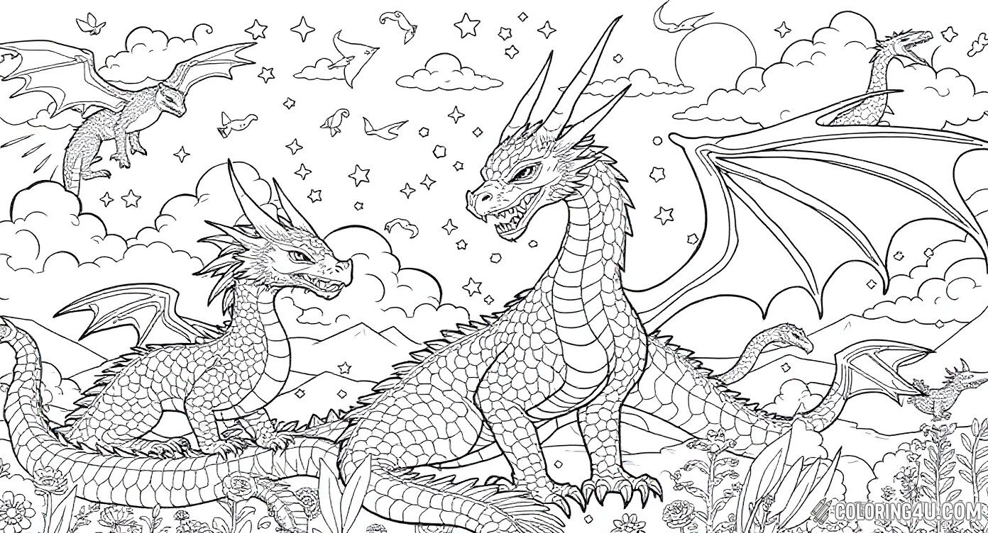 In this whimsical scene, playful dragons roam a magical garden filled with flowers, stars, and fluffy clouds. Kids will love adding bright colors to the friendly dragons and their enchanting environment, sparking their imagination and storytelling.