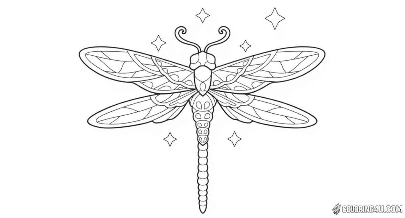 Here is a magical dragonfly mandala coloring page set against a backdrop of sparkling stars. Kids will delight in coloring the symmetrical wings and body patterns, creating a shimmering night scene full of wonder and imagination.