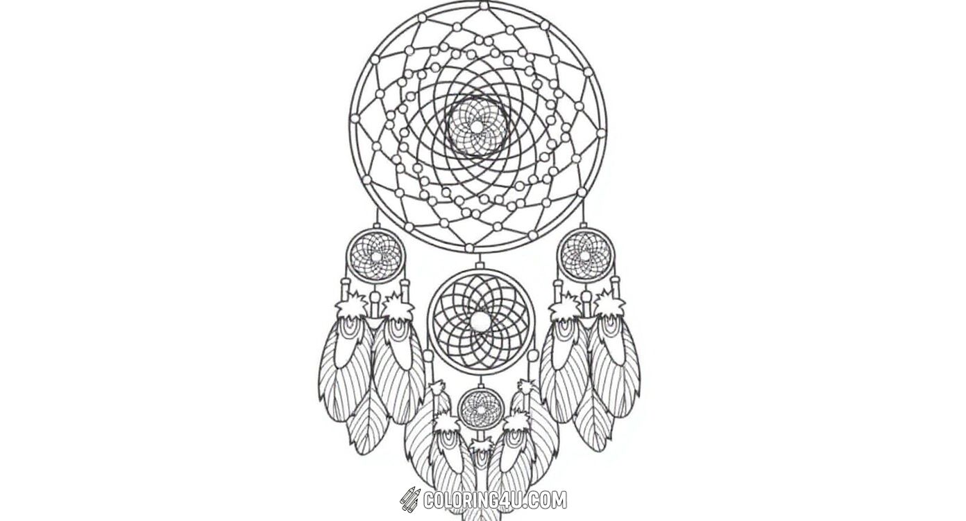 This classic round dreamcatcher design features a complex web pattern with multiple rings and many hanging feathers. Kids can enjoy coloring in the fascinating geometric shapes and feather details while bringing positive dreams to life.