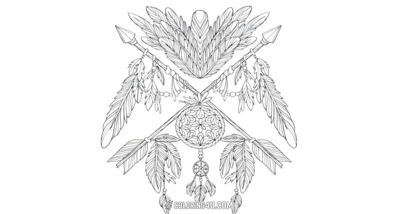 Discover the beauty of this detailed dreamcatcher adorned with multiple feathers and decorated with two crossed arrows. This coloring page invites kids to explore fine details and patterns while expressing their imagination with vibrant colors.