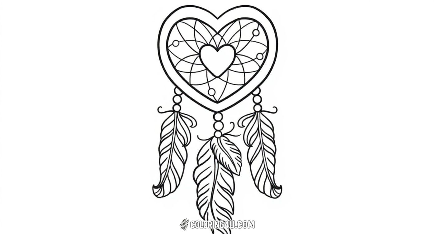 This charming coloring page features a heart-shaped dreamcatcher adorned with intricate patterns and hanging feathers. Kids will love filling in the delicate details and creating their own colorful masterpiece filled with love and creativity.