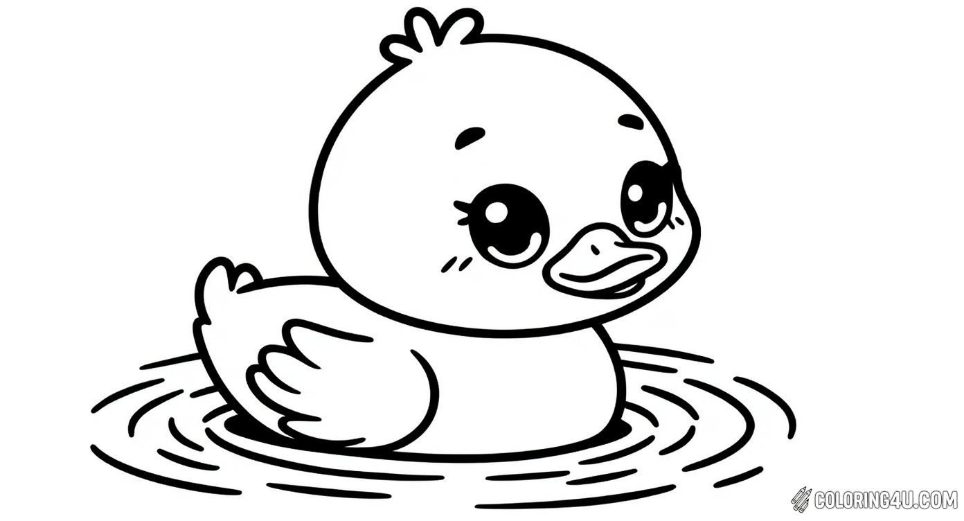 Explore the charm of this sweet baby duckling floating happily in the water. With its big sparkling eyes and tiny wings, this coloring page is perfect for kids to add their favorite hues and make this little duck shine with personality!