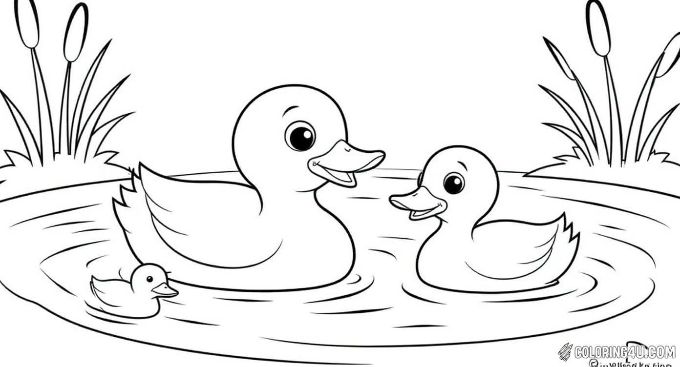Join this cheerful duck family as they swim together in a peaceful pond surrounded by cattails and lily pads. This fun coloring page invites you to bring the adorable ducklings and their proud parent to life with your choice of bright and lively colors!