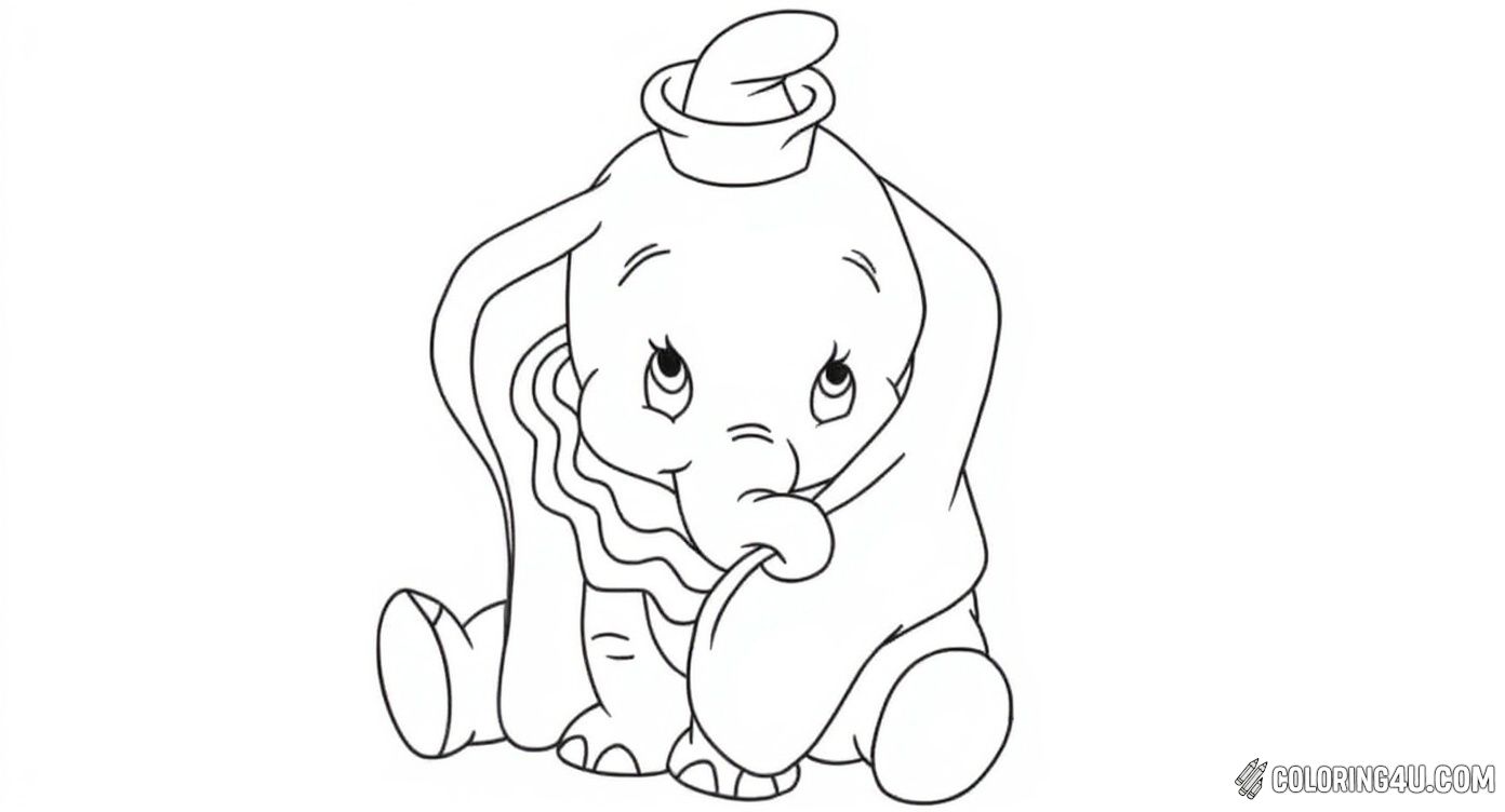 Meet sweet little Dumbo sitting and looking shy in this charming coloring page! Perfect for young artists, this image captures Dumbo's innocence and invites children to use their imagination to color this lovable Disney elephant.